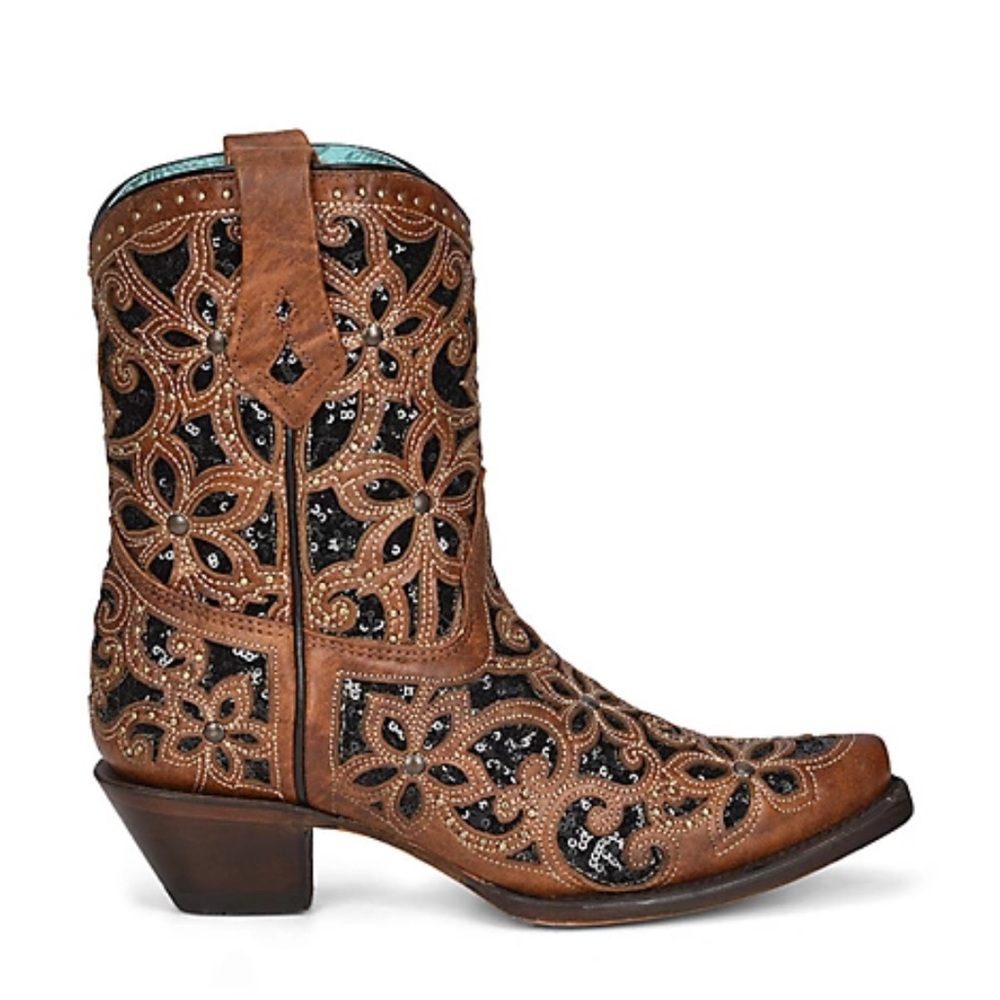 Elegant Brown and Black Floral Ankle Booties